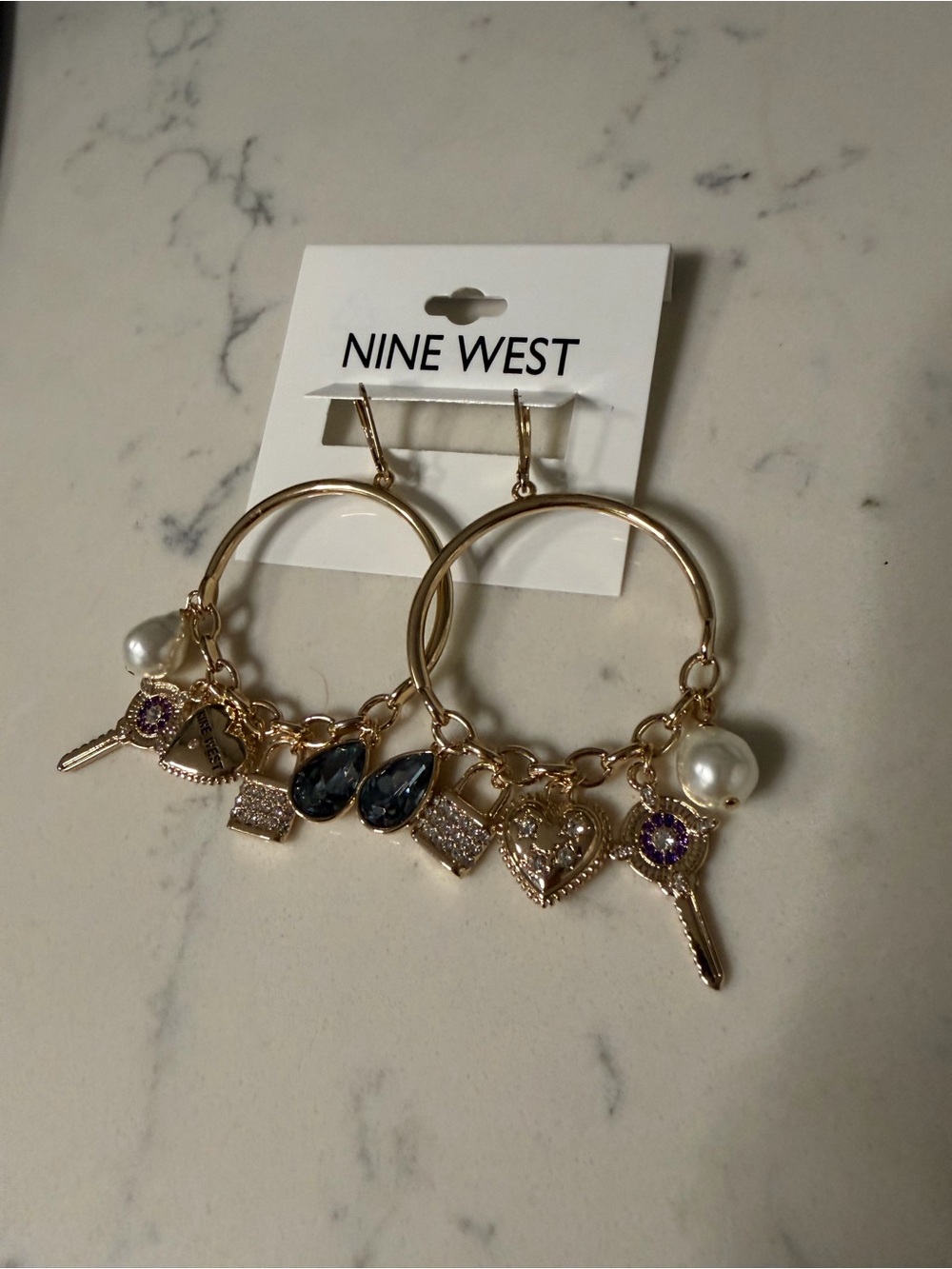 Nine West Gold Hoop Charm Earrings with Pearl and Blue Crystal Drops